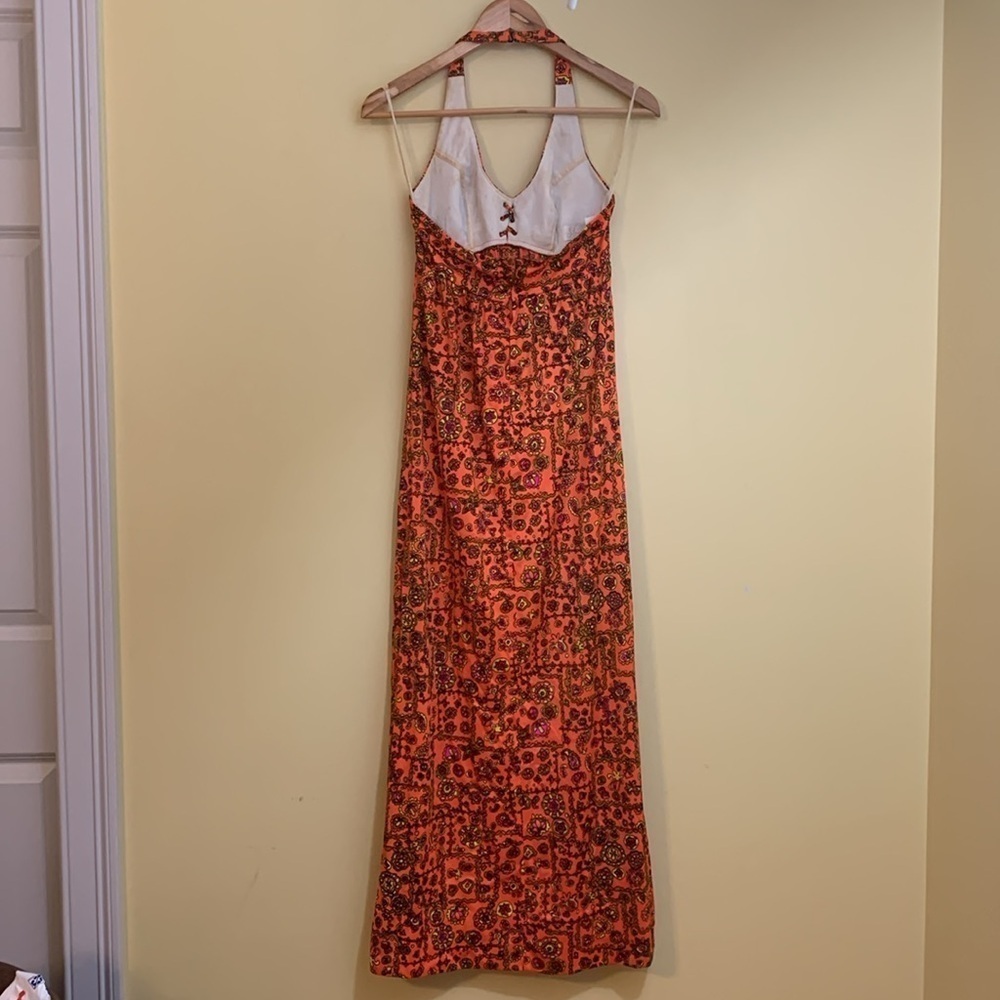 Sirena California 70's Neon Orange Floral Halter 2 Side Slits Maxi Dress S/M - Picture 17 of 17